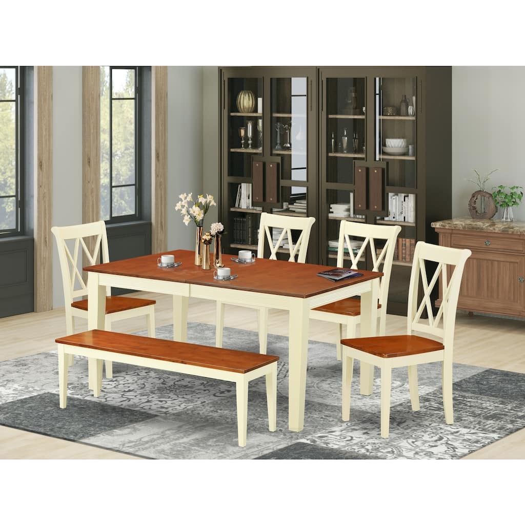 HomeStock 6-Piece Rectangle Buttermilk & Cherry Finish Solid Wood Top Dining Table with 1 Bench, 4 Chairs with Cross Back