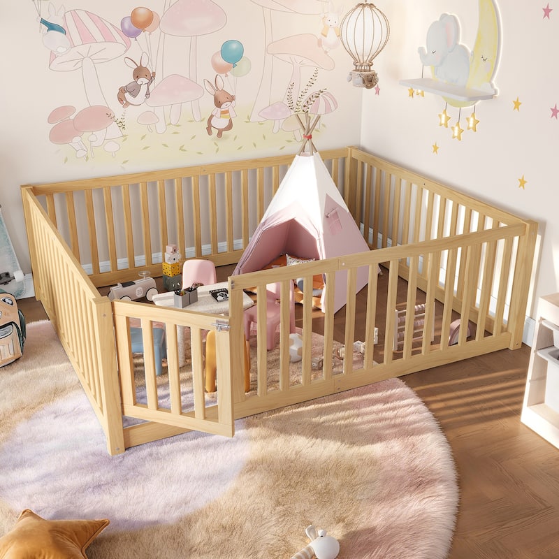 Montessori Floor Bed with Safety Guardrails & Door, Kids Low Profile Frame, Available in Queen/Full/Twin