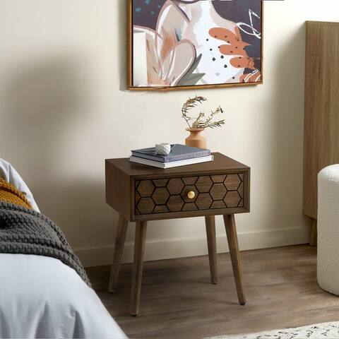 COSIEST Rustic Solid Wood 1-Drawer Nightstand with Honeycomb Pattern