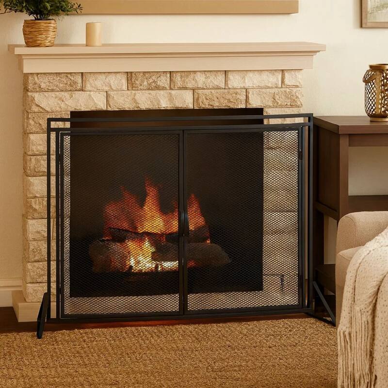 31x40 Fireplace Screen, 2 Door Diamond Mesh Design, Black Bronze Iron