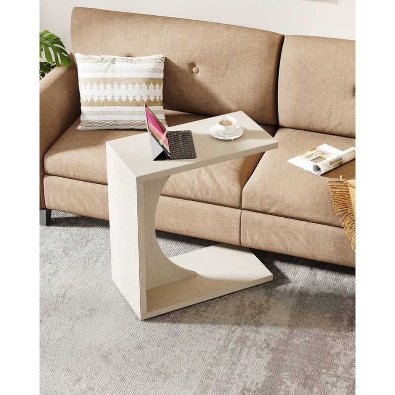 Wood 2-Tier C-Shaped End Side Sofa Couch Table for Small Space - White