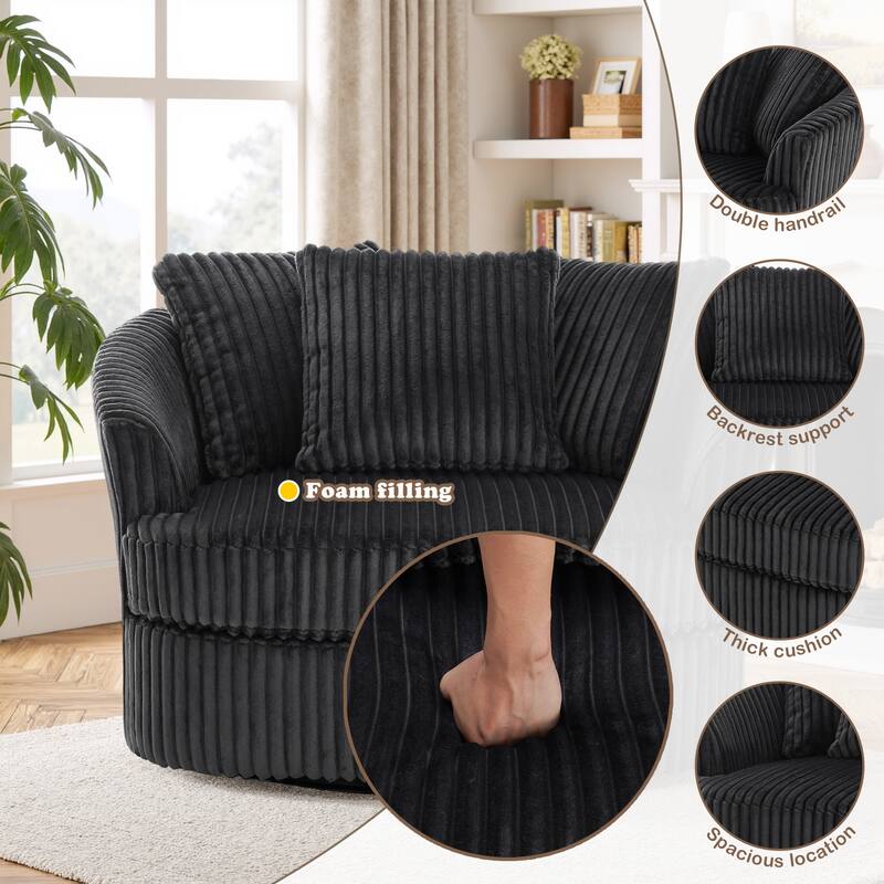2 Set Oversized 43" W Plush Corduroy Swivel Barrel Chair with Pillows