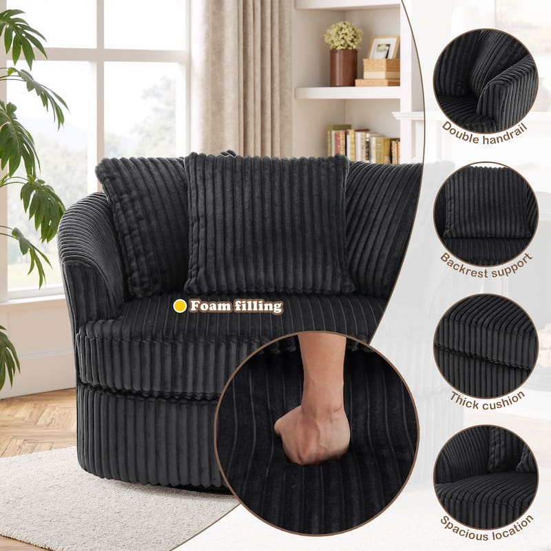 Oversized 43" W Plush Corduroy Recessed Arm Swivel Barrel Chair