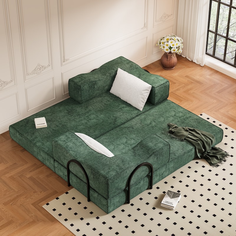 80" Convertible Sofa Bed with 2 Pillows, 2-Seat Folding Floor Couch, Multifunctional Chenille Loveseat Living Room Sleeper Sofa