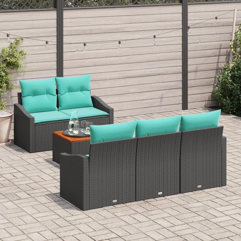vidaXL 6 Piece Garden Sofa Set with Cushions Black Poly Rattan Acacia - 70.1×24.4×27.2