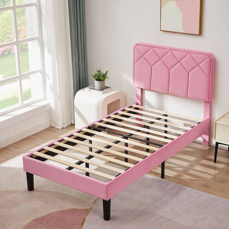 VECELO Pink Velvet Upholstered Bed Frame with Adjustable Headboard No Box Spring Needed Under Bed Storage Platform Bed