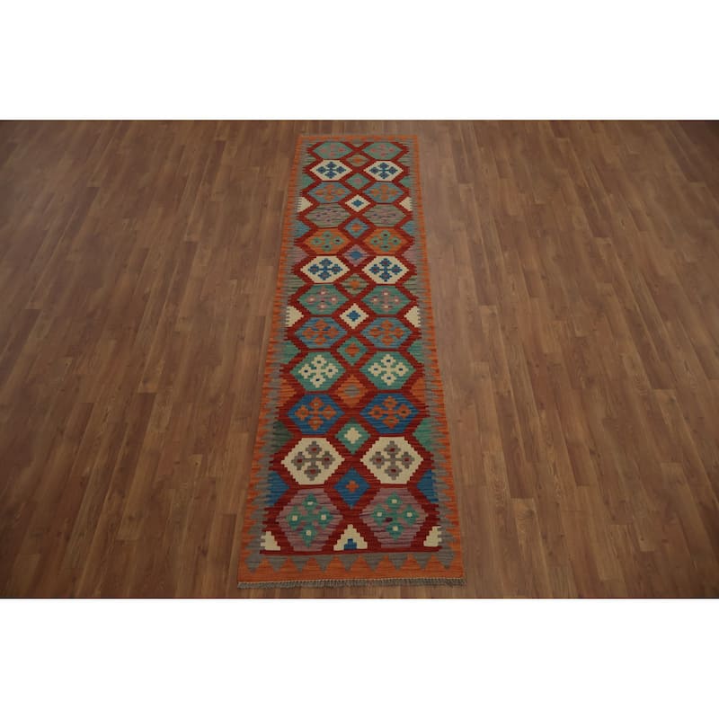 Hand Woven Oriental 100% Wool Carpet Southwestern Geometric Oranges & Rust Kilim Runner Rug - 9' 4'' X 2' 5''