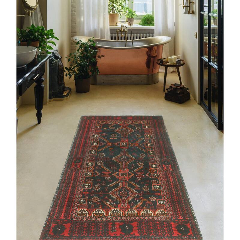 Fine Vintage Distressed Annahi Charcoal/Red Runner - 3'2" x 5'9"