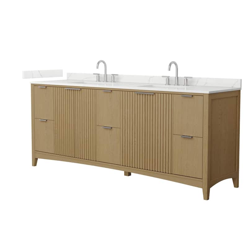 Wyndham Collection WCF9191-84D-QTZ-US3MXX Palmilla 84" Free Standing - Natural Oak / Giotto Quartz Top / Brushed Nickel