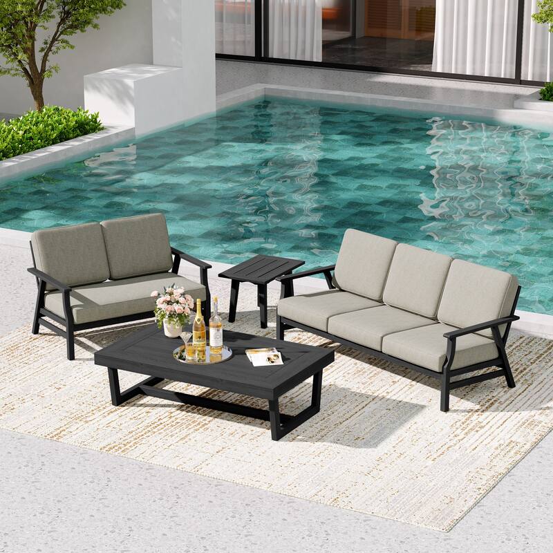 Teak Outdoor Seating Set with Daybed & Tables.