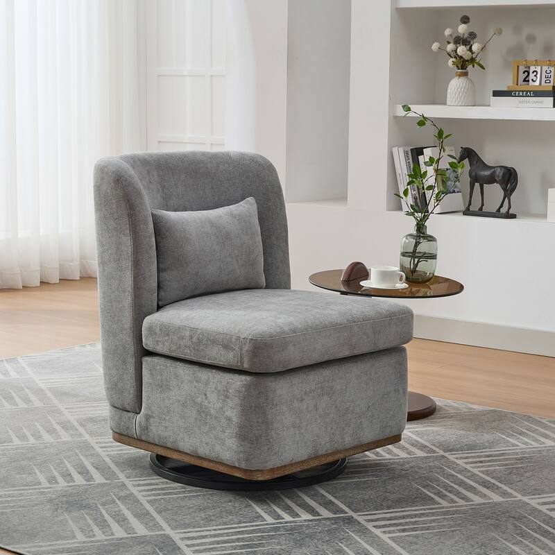 25.2 "Wide Modern Chenille Cushioned Armless Metal Base 360° Swivel Chair with Pillow, Lounge Area