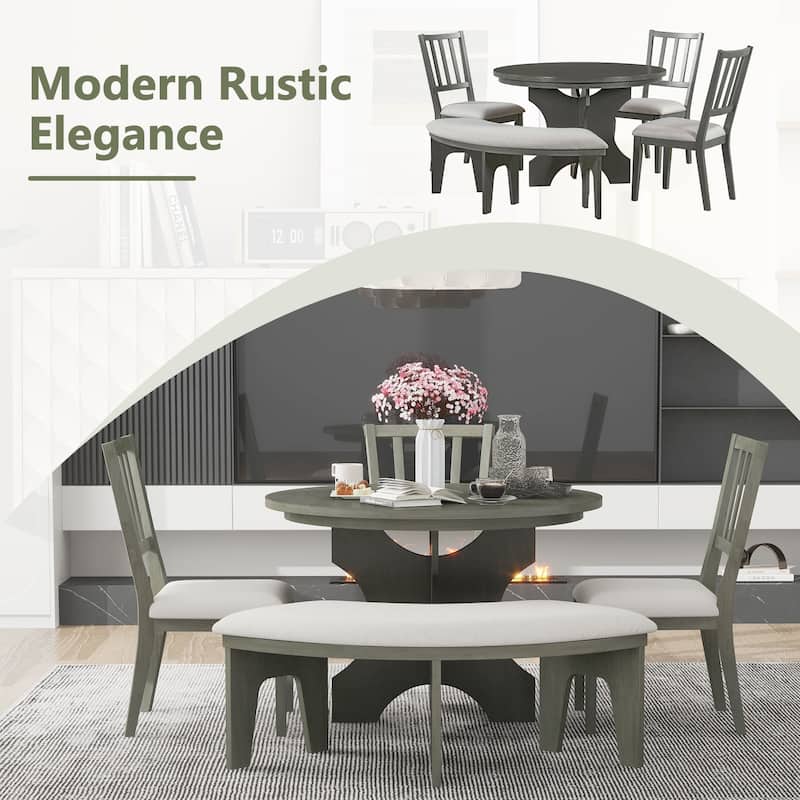 5-Piece Kitchen Dining Table Set, Round Dining Table with 3 Upholstered Chairs and Curved Bench for 4-5 People