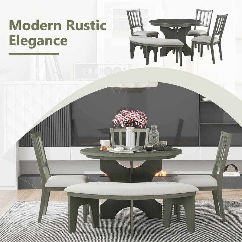 5-Piece Rustic Dining Set with Round Table, 3 Chairs & Bench
