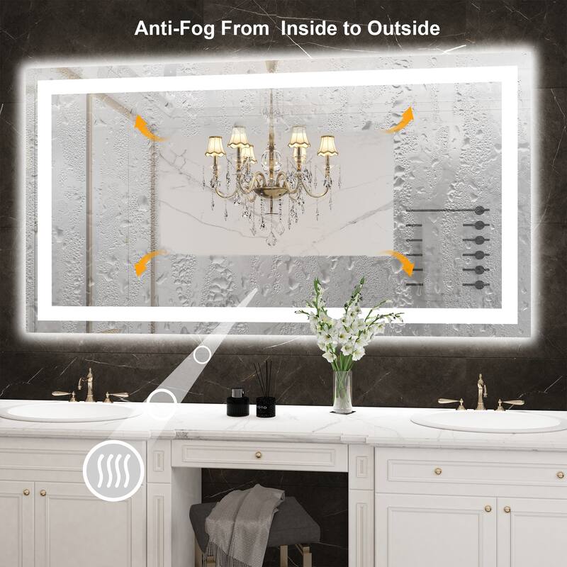 Large Rectangular Frameless Anti-Fog LED Light Wall Mounted Bathroom Vanity Mirror in White - N/A
