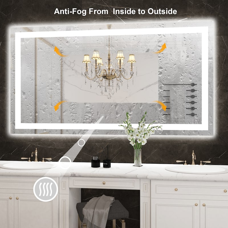 55 in. W x 30 in. H Large Rectangular Frameless Anti-Fog LED Light Wall Mounted Bathroom Vanity Mirror in White