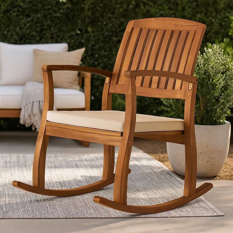 Bang Outdoor Rocking Chair w Cushion, Slatted Back, Brown Acacia Wood
