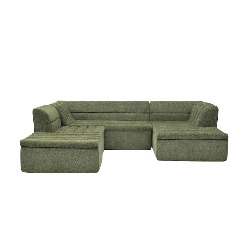 Modular Deep Seat Couches Chenille U-shaped Sleeper Sectional Sofa with Chaise, Ottoman and Wave-Shaped Armrest