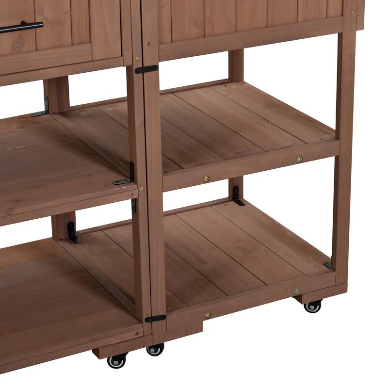 Solid Wood 62.3'' Patio Kitchen Island Kitchen Cart with Stainless Table Top, Garden Potting Bench with Raised Shelf and Drawers