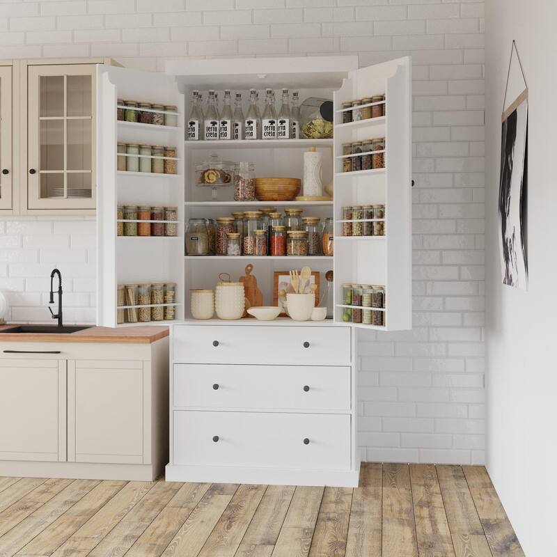 Farmhouse 77" Kitchen Pantry Storage Cabinet with Adjustable Shelves and Multiple Door Shelves - Cream