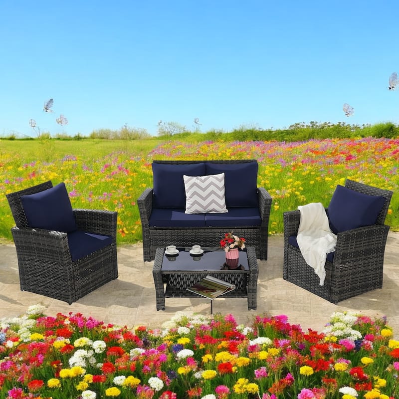 4-Piece Outdoor Patio Furniture Set, Garden Wicker Sofa with Poolside Lawn Chairs, Red Cushions, All-Weather Modular Design