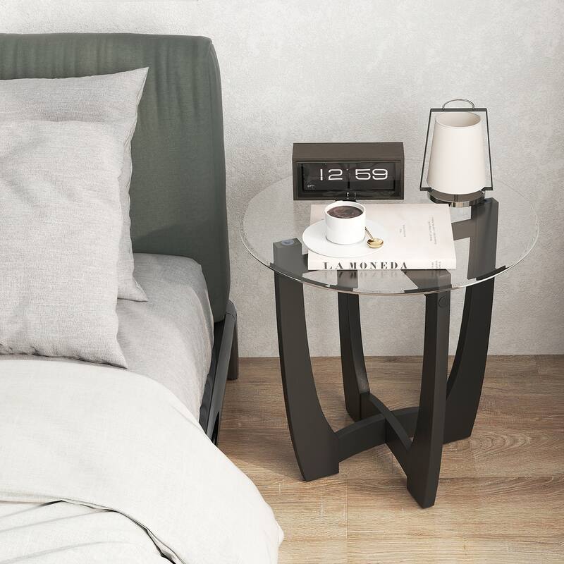 Gymax 23.5'' Round Side Table w/ Glass Tabletop Cross-shaped Solid