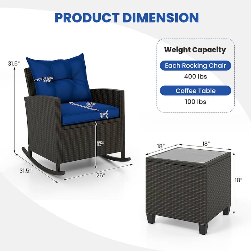 Gymax Set of 3 Wicker Rocking Set w/ Tempered Glass Table Patio