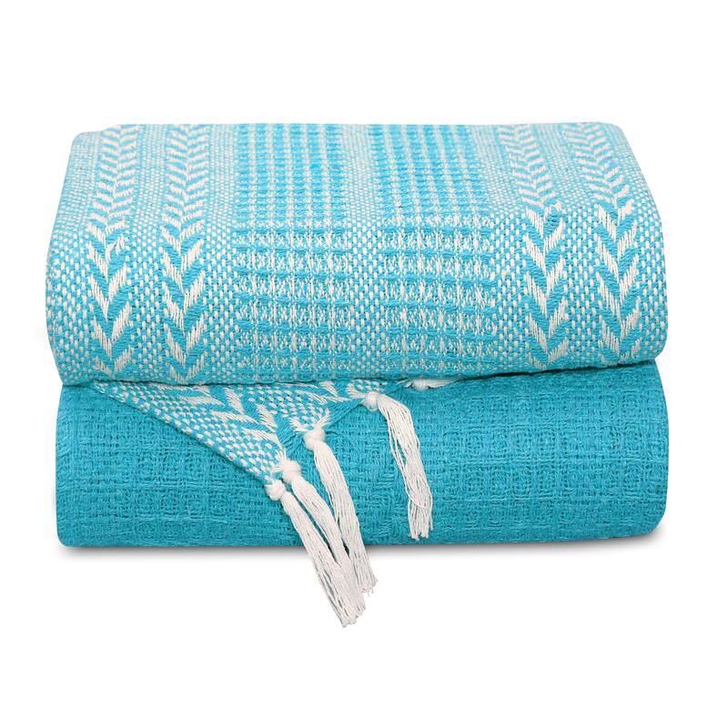 Natural Cotton Hand Woven Soft Cozy Warm Lightweight Batik Throw Blankets for Couch | Sofa | Bed | 50’’x60’’ Inches (Set of 2) - Turquoise
