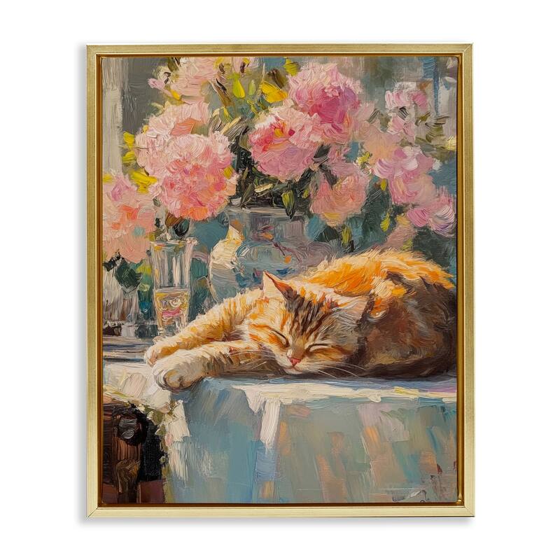 Stupell Orange Cat Resting Framed Floater Canvas Wall Art Design By Nini Art - 25 x 31 - Gold