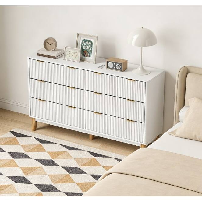 6 Drawer Dresser for Bedroom Fluted Panel Design Modern Storage with Gold Pulls - White