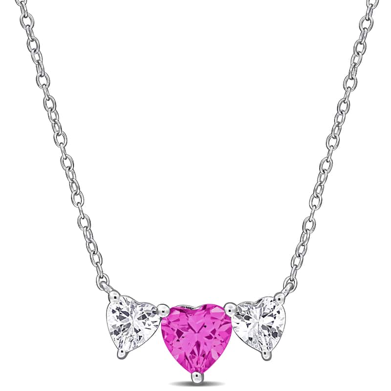 Miadora 2 5/8 CT TGW Created Pink and White Sapphire Triple-Heart Necklace in Sterling Silver