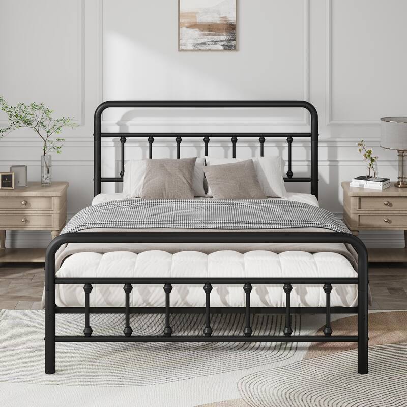 Queen Size Metal Bed Frame w/Headboard and Under Bed Storage, Heavy Duty Steel Slat Supported, No Box Spring Needed/Noise Free