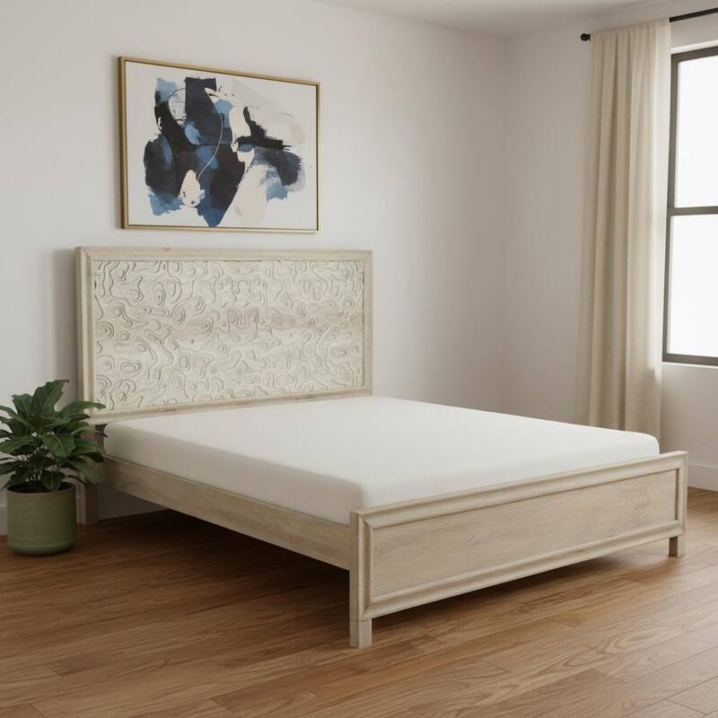 HomeRoots Gray Carved Abstract Solid Wood King Bed Frame - King - Gray