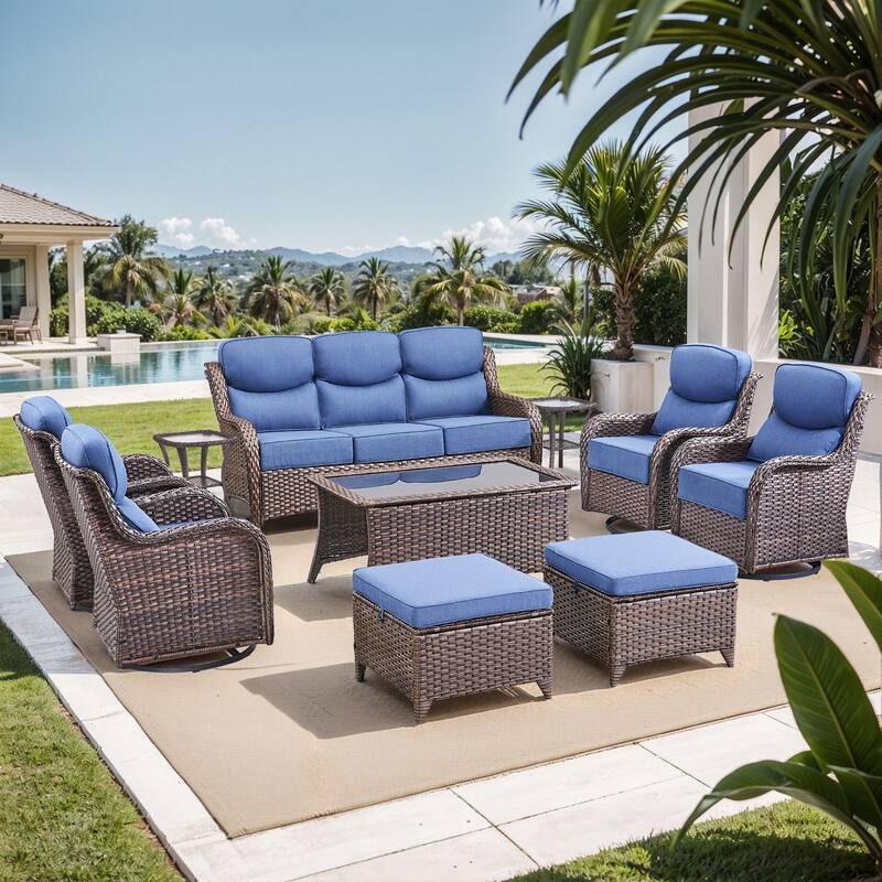 Pocassy Outdoor Sofa Patio Swivel Chairs Sets - Brown Wicker Blue Cushion - S-a Swivel Chair with Ottoman Set - 10PCS