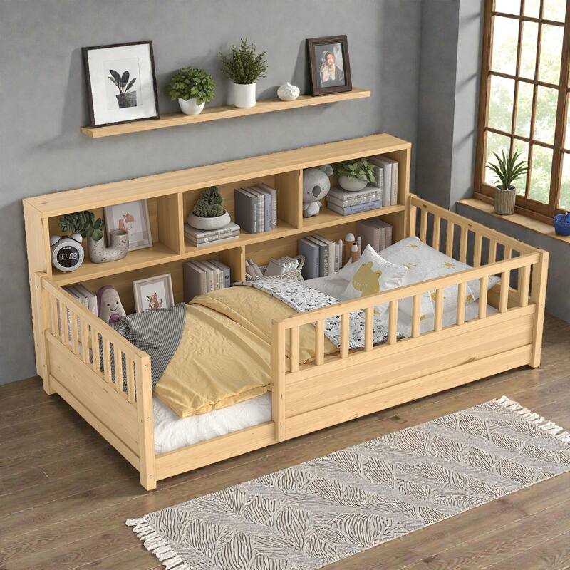 Wooden Floor Bed with Fence Guardrails, Montessori Style Kids Bed Frame with Side Storage Design - Natural - Twin
