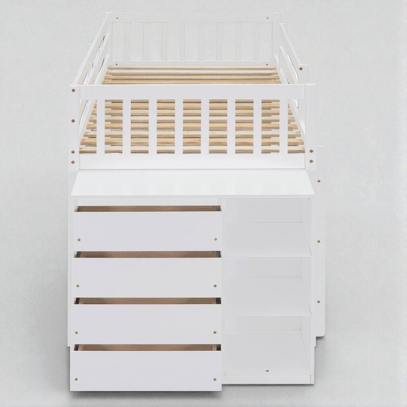 Twin over Twin or Full over Full Bunk Bed with Storage Drawers, Shelves, and Reversible Ladder