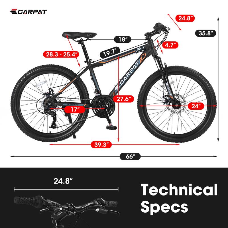 Black Steel Frame 24 inches Wheel Teen Mountain Bike with 21-Speed Gears - 66 L x 24.8 W x 35.8 H inches