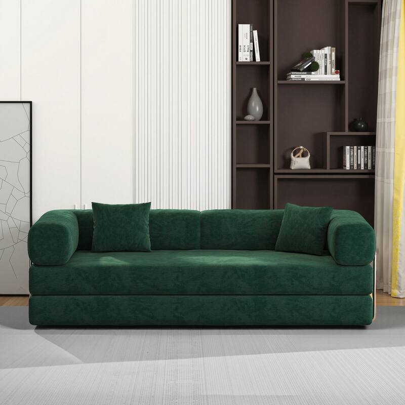 Modular Convertible Sleeper Sofa Bed, Corduroy Fabric Compression Sofa, Floor-Standing Sofa Bed with Armrests & Backrest - Green