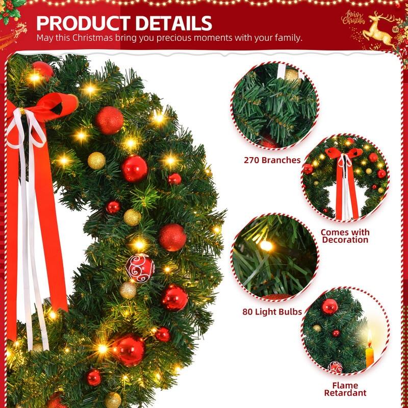36in Pre-lit Battery Powered Christmas Wreath, Lighted Artificial Xmas Wreath, for Front Door Gate Wall Xmas Party Decorations