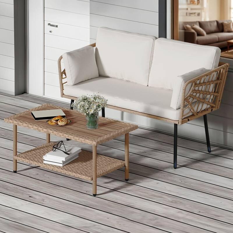 Moasis Outdoor Patio All-Weather Wicker Loveseat/Bistro Set/Sectional Sofa with Cushions and Lumbar Pillows - Loveseat with Table - Beige