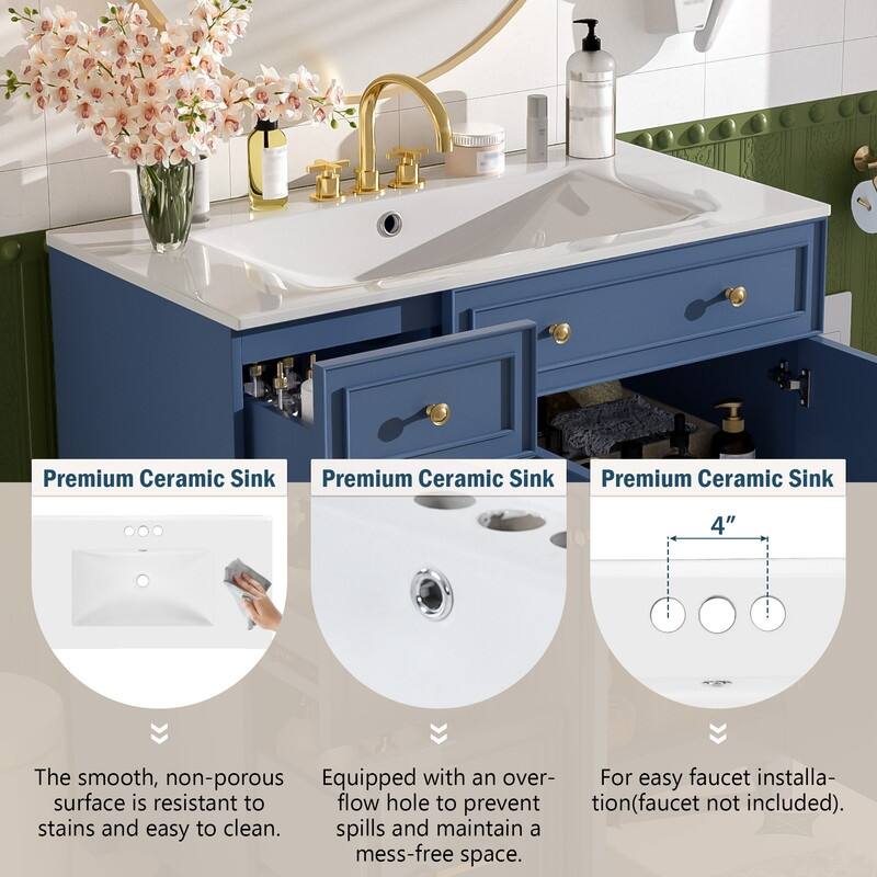 Transitional Style 36-inch Bathroom Vanity with Ceramic Sink, 2 Soft-Close Doors Freestanding Cabinet with 2 Drawers