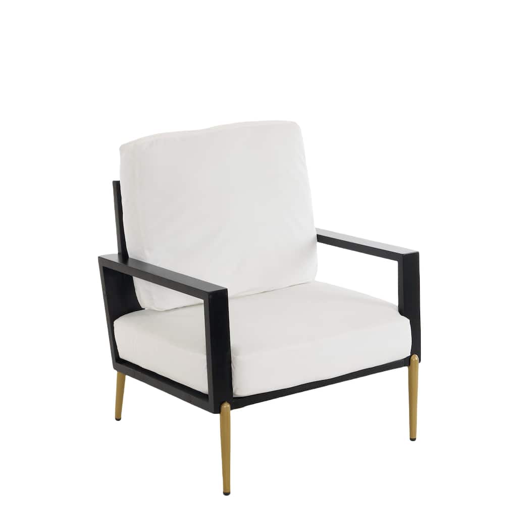 White Velvet Rubber Wood Armchair with Gold Legs and Padded Back - 28.75" W x 29" D x 35.50" H