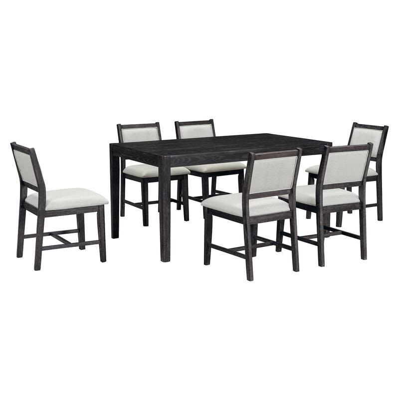 Retro 7-Piece Dining Table Set with Upholstered Chairs and Solid Wood Frame for Stylish Gatherings
