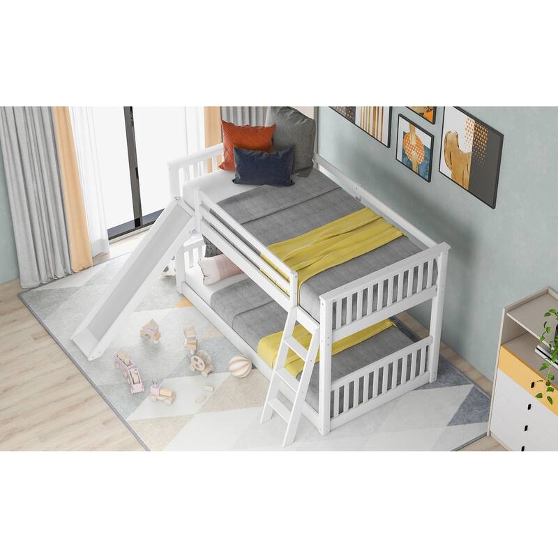 Convertible Twin Bunk Bed with Slide and Ladder, White
