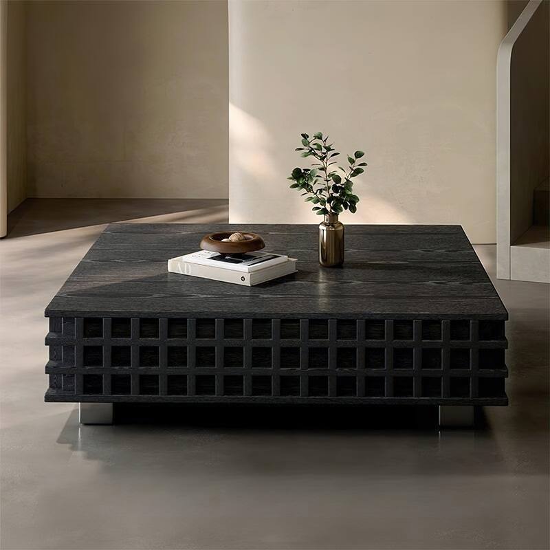31.5’ Black Multi-Layer Solid Wood Square Coffee Table with 2 Grid Finish Drawers - 7'6" x 10'9"