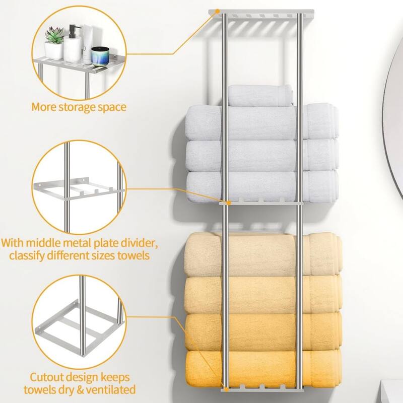 Wall-mounted towel rack with 6 hooks, 3 shelves