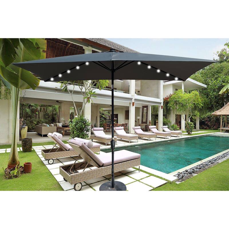 10ft Solar LED Rectangular Patio Umbrella with Crank and Tilt for Outdoor Use - Brown
