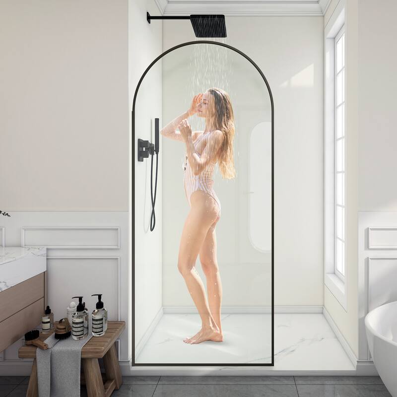 Ember Series 34 in. W x 78 in. H Fixed Framed Shower Door in Black, Gold or Nickel Finish with Clear or Fluted Glass