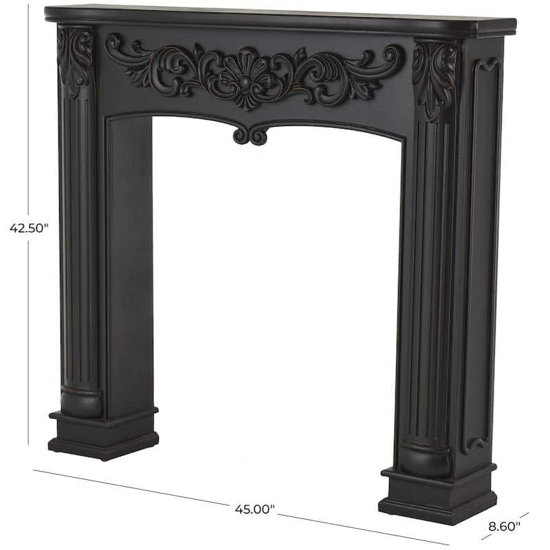 Wooden Scroll Freestanding Fireplace Mantle with Floral Accents - Black - Roche River Decor