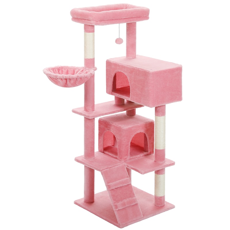 Cat Tree with Large Top Perch, Plush Hammock, 2 Condos, Dangling Pompom & Cat Scratching Posts