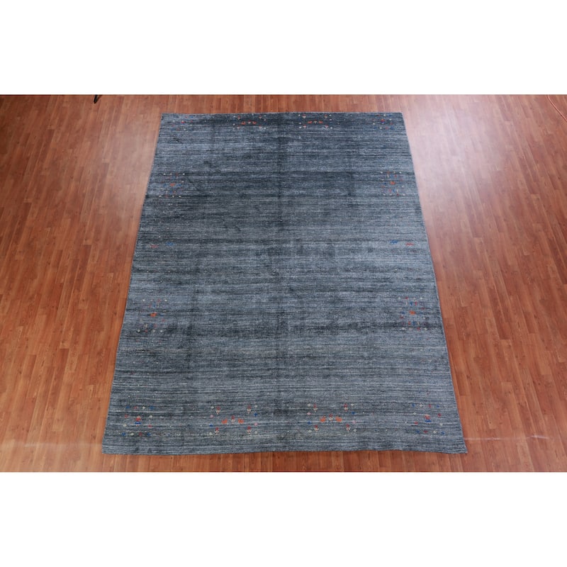 Hand Knotted Oriental Viscose Silk Carpet Tribal Stripe Navy Blue & Blues Gabbeh Area Rug - 11' 5'' X 8' 7''